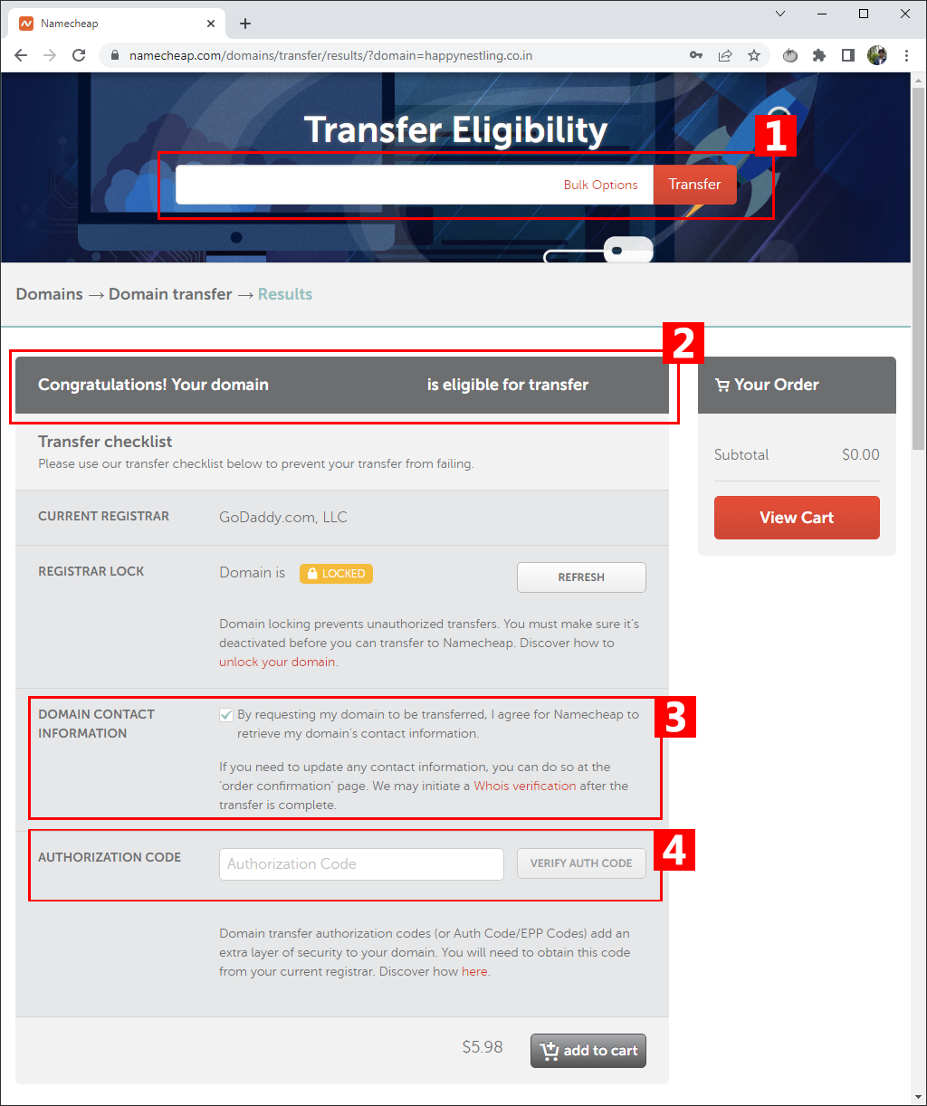 08 Transfer Eligibility and Authorization Code - Godaddy to NameCheap